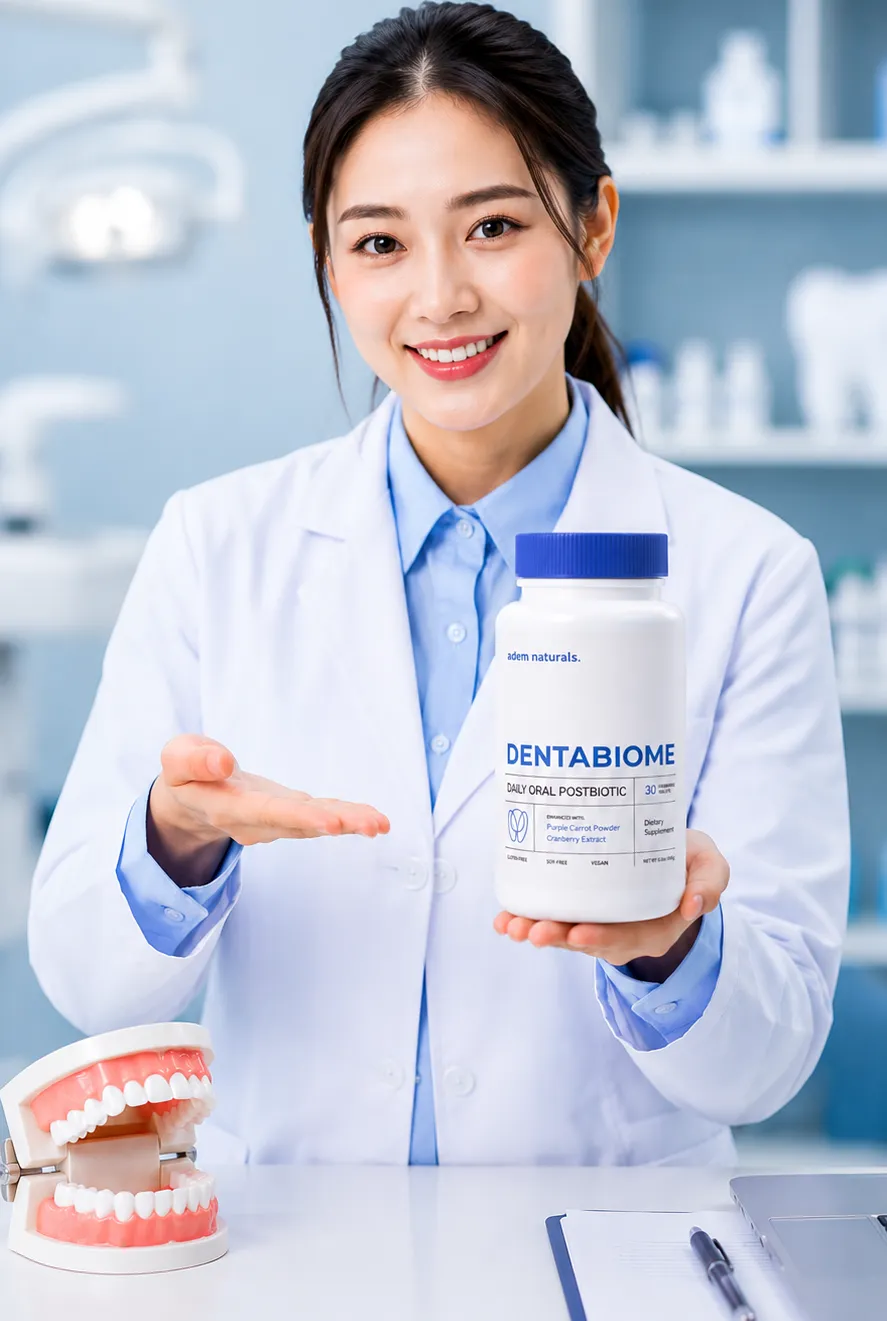 A smiling female dentist in a white lab coat presenting a bottle of Adem Naturals DentaBiome Daily Oral Postbiotic supplement next to a dental teeth model in a clinic setting.