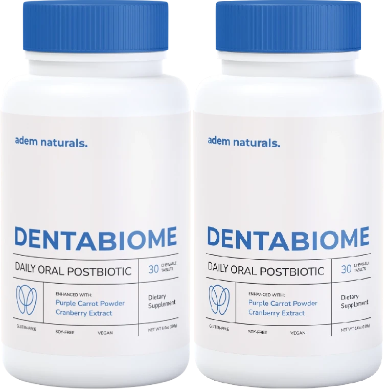 Two white bottles of Adem Naturals DentaBiome Daily Oral Postbiotic dietary supplement chewable tablets with blue caps, showcasing key product label details.