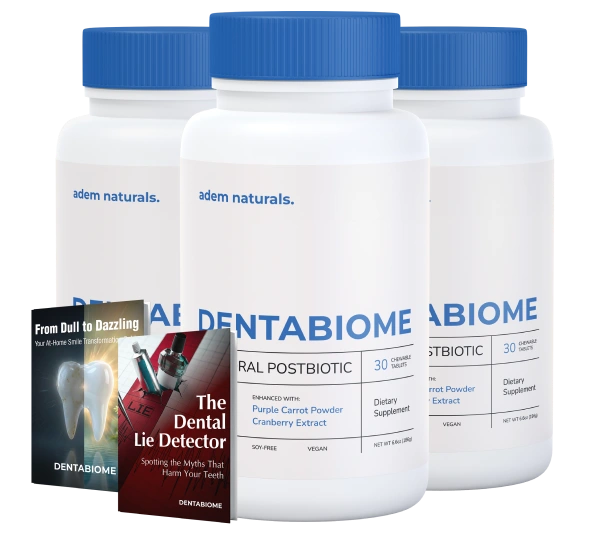 Three bottles of Adem Naturals DentaBiome daily oral postbiotic dietary supplement chewable tablets with promotional e-books titled 