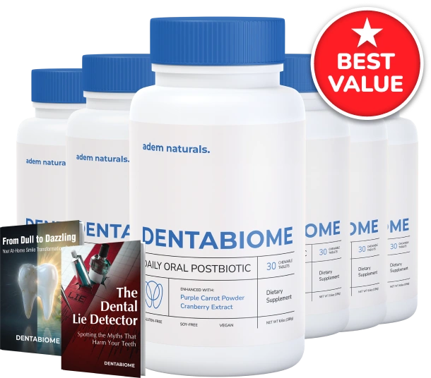 Six bottles of Adem Naturals DentaBiome daily oral postbiotic chewable tablets with Purple Carrot Powder and Cranberry Extract, displayed alongside two free promotional bonus e-books.