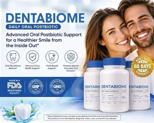 A promotional web banner for DentaBiome Daily Oral Postbiotic advanced supplement showing a smiling couple, three product bottles, quality badges, and a 60-day money-back guarantee seal.