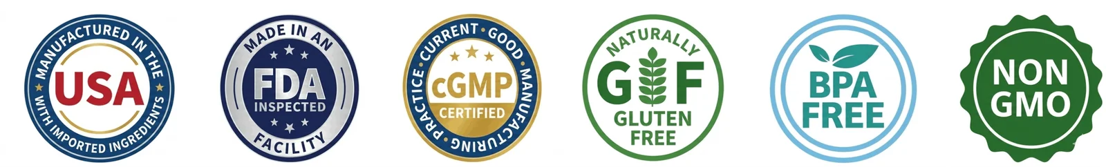 Product quality badges showing Manufactured in the USA, Made in an FDA Inspected Facility, cGMP Certified Current Good Manufacturing Practice, Gluten Free, BPA Free, and Non-GMO certifications.