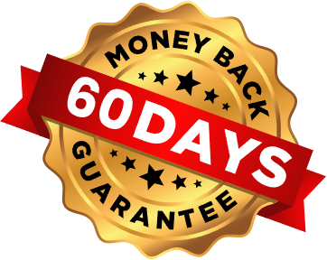 A round golden seal badge wrapped with a red ribbon stating "60 DAYS MONEY BACK GUARANTEE" showcasing consumer refund security and quality assurance.