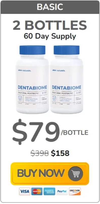 Basic package deal offering 2 bottles of Adem Naturals DentaBiome daily oral postbiotic for a 60-day supply, priced at $79 per bottle, with a yellow Buy Now button and secure payment options.