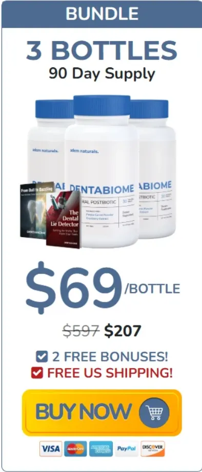 Bundle package deal offering 3 bottles of Adem Naturals DentaBiome oral postbiotic for a 90-day supply, priced at $69 per bottle with 2 free bonuses, free US shipping, and a yellow Buy Now button.