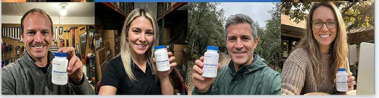 A collage of four satisfied customers holding bottles of Adem Naturals DentaBiome oral health supplements in real-world settings, demonstrating positive user reviews and product testimonials.